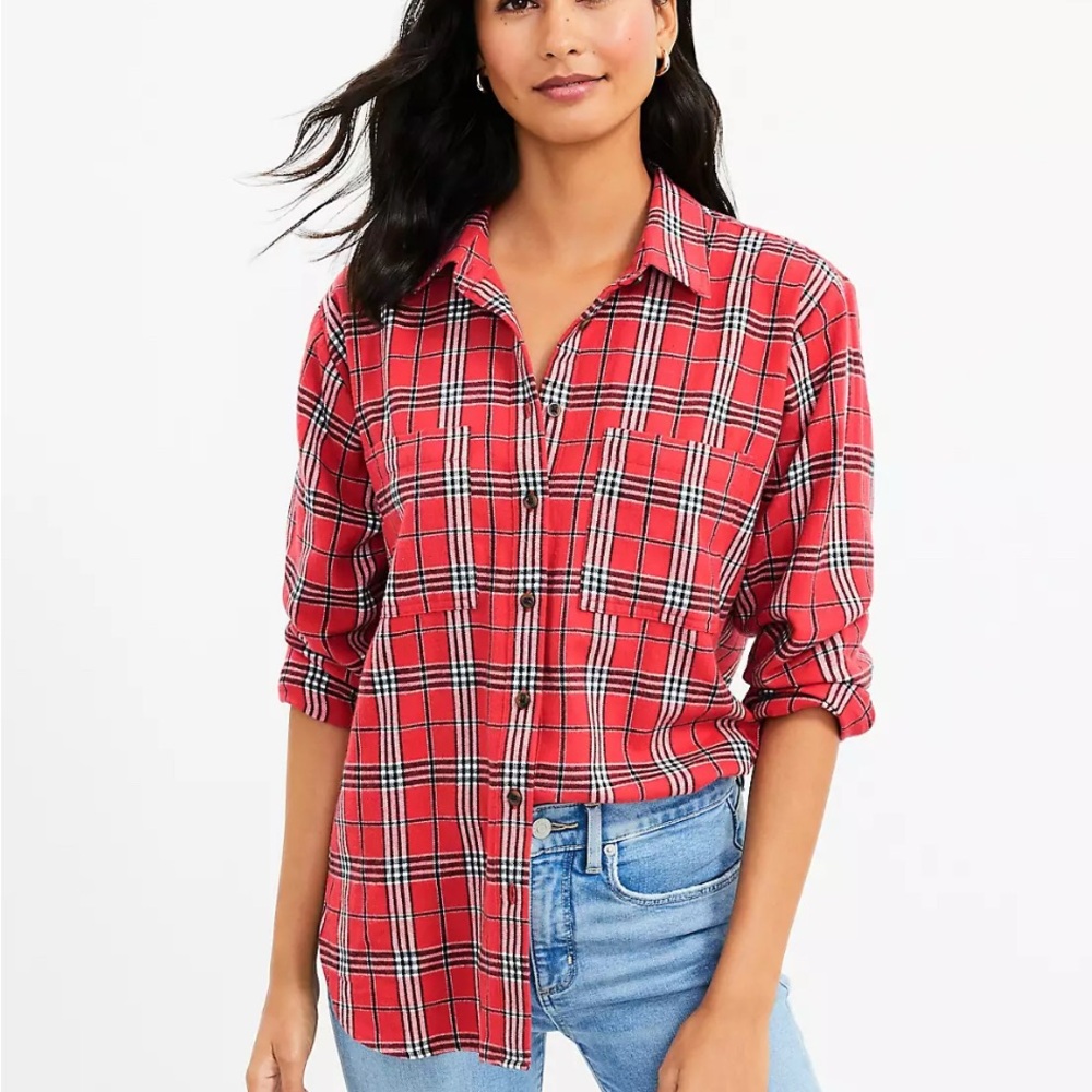 LOFT Red Plaid Button Down Shirt